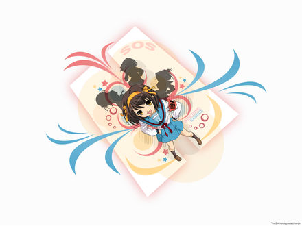 Обои на рабочий стол Suzumiya Haruhi / Харухи Судзумия - главная героиня аниме Меланхолия Харухи Судзумии / The Melancholy of Haruhi Suzumiya и лидер команды SOS собственной персоной