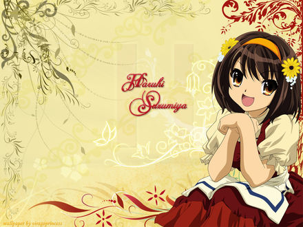 Обои на рабочий стол Haruhi Suzumiya / Судзумия Харухи из аниме Меланхолия Харухи Судзумии / The Melancholy of Haruhi Suzumiya с цветами в волосах сидит на фоне цветочной абстракции (wallpaper by viragoprincess)