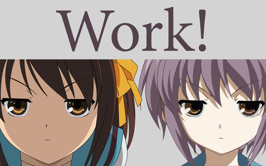Обои на рабочий стол Харухи и Юки из Меланхолия Харухи Судзумии / The Melancholy of Haruhi Suzumiya пристально смотрят на вас (Work! / Работа!)