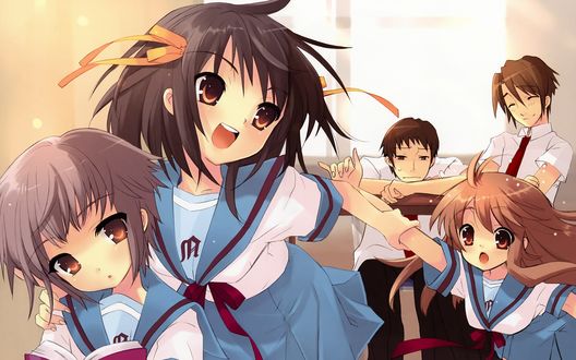 Обои на рабочий стол Команда SOS из аниме Меланхолия Харухи Судзумии / The Melancholy of Haruhi Suzumiya в своём репертуаре