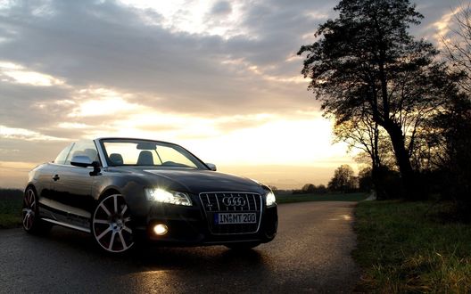 Обои на рабочий стол Audi RS5 стоит на дороге с включенными фарами