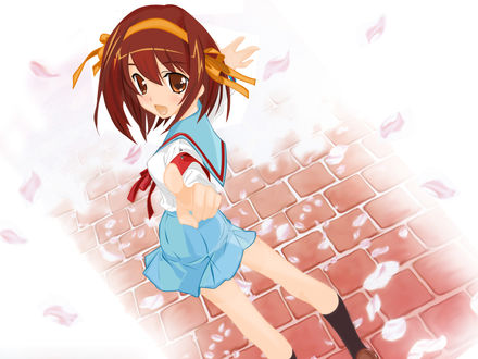 Обои на рабочий стол Харухи из аниме Меланхолия Харухи Судзумии / The Melancholy of Haruhi Suzumiya и лепестки сакуры