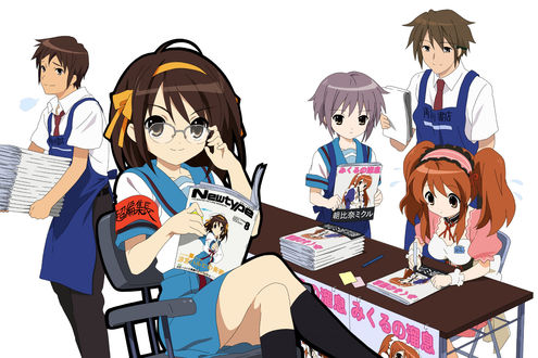 Обои на рабочий стол Команда SOS из аниме Меланхолия Харухи Судзумии / The Melancholy of Haruhi Suzumiya выпускает журналы Newtype