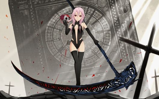 Обои на рабочий стол Инори Юдзуриха / Yuzuriha Inori из аниме *Guilty Crown / Венец Вины* идет с большой косой и кровоточящим черепом в руке на фоне Биг-Бена / Big-Ben