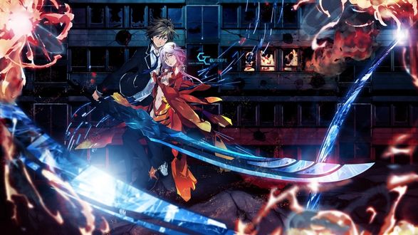 Обои на рабочий стол Инори Юдзуриха / Yuzuriha Inori и Сю Ома / Shu Ouma из аниме *Guilty Crown / Венец Вины* в сражении