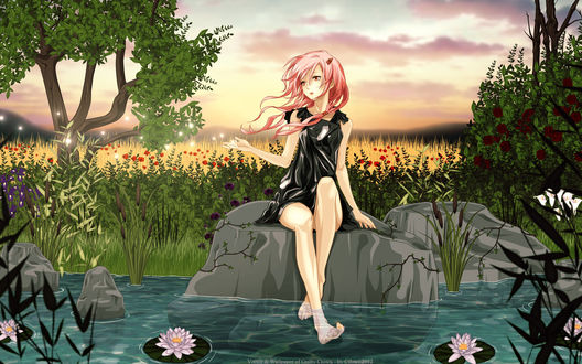 Обои на рабочий стол Инори Юдзуриха / Yuzuriha Inori  из аниме *Guilty Crown / Венец Вины*  сидит на камне, опустив ноги в воду (Vector & Wallpaper of Guilty Crown - by Cilon / 2012)
