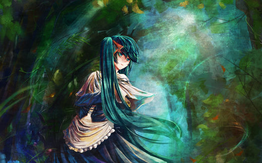 Обои на рабочий стол Вокалоид / Vocaloid Мику Хацунэ / Miku Hatsune в лесу