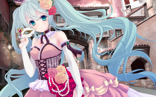 Обои на рабочий стол Вокалоид / Vocaloid Мику Хацунэ / Miku Hatsune идет по городу с маской в руке и цветами в волосах