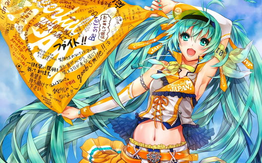 Обои на рабочий стол Вокалоид / Vocaloid Мику Хацунэ / Miku Hatsune что-то кричит и держит в руках платок