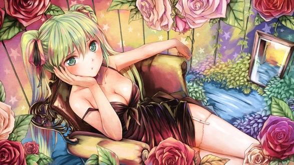 Обои на рабочий стол Вокалоид / Vocaloid Мику Хацунэ / Miku Hatsune сидит на кресле в окружении цветов