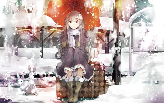Обои на рабочий стол Kasugano Sora / Сора Касугано из аниме Связанные небом / Yosuga no Sora с кроликами зимой на станции сидит на чемодане укрываясь от снега под зонтиком