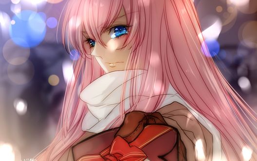 Обои на рабочий стол Вокалоид / Vocaloid Лука Мегуринэ /  Luka Megurine держит коробку - сердечко в руках