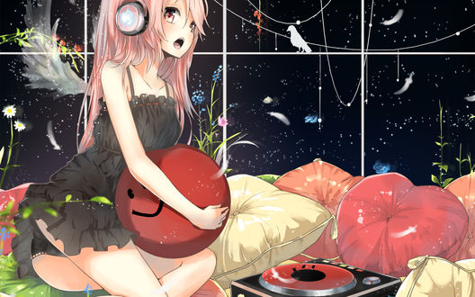 Обои на рабочий стол Вокалоид / Vocaloid Лука Мегуринэ /  Luka Megurine в наушниках на кровати с множествои подушек