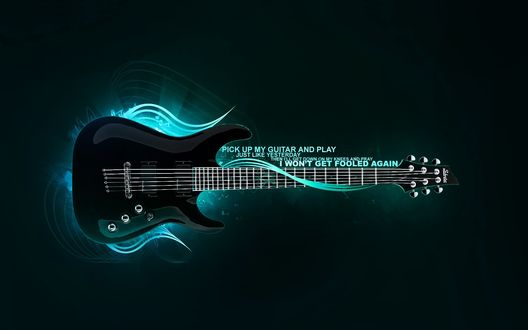 Обои на рабочий стол Черная электрогитара (PICK UP MY GUITAR AND PLAY JUST LIKE YESTERDAY THEN I'LL GET DOWN ON MY KNEES AND PRAY I WON'T GET FOOLED AGAIN)