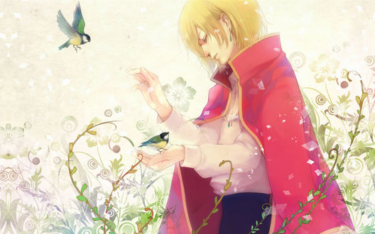 Обои на рабочий стол Хаул кормит синичек (аниме ' Howl's Moving Castle / Ходячий замок Хаула')