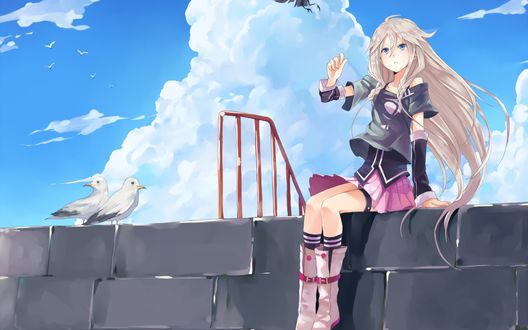 Обои на рабочий стол Vocaloid IA / вокалоид йа сидит на каменной стене на фоне неба, рядом сидят чайки