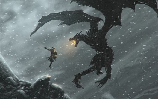 Обои на рабочий стол К серии компьютерных ролевых игр The Elder Scrolls V: Skyrim / TES / Древние свитки, мужчина с мечем в горах во время снегопада сражается с огнедышащим драконом