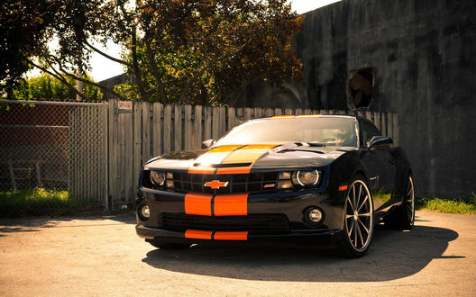 Обои на рабочий стол Черный с оранжевыми полосами Chevrolet Camaro / Шевроле Камаро стоит у деревянного забора