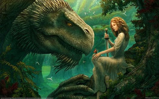Обои на рабочий стол Лесная фея и дракон (Kerem Beyit)