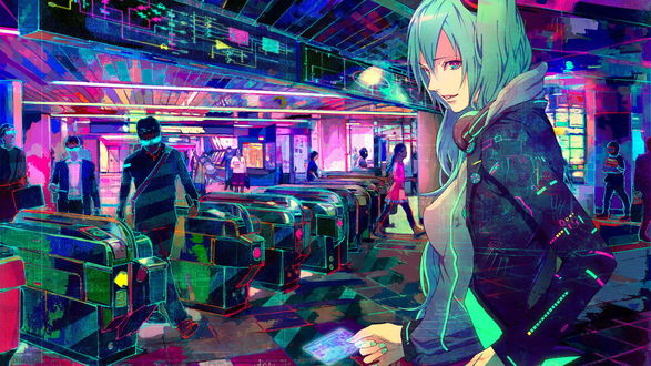 Обои на рабочий стол Вокалоид / Vocaloid Мику Хацунэ / Miku Hatsune проходит через турникет в метро