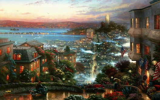 Обои на рабочий стол Уютный городок у моря ночью (Томас Кинкейд / Thomas Kinkade)