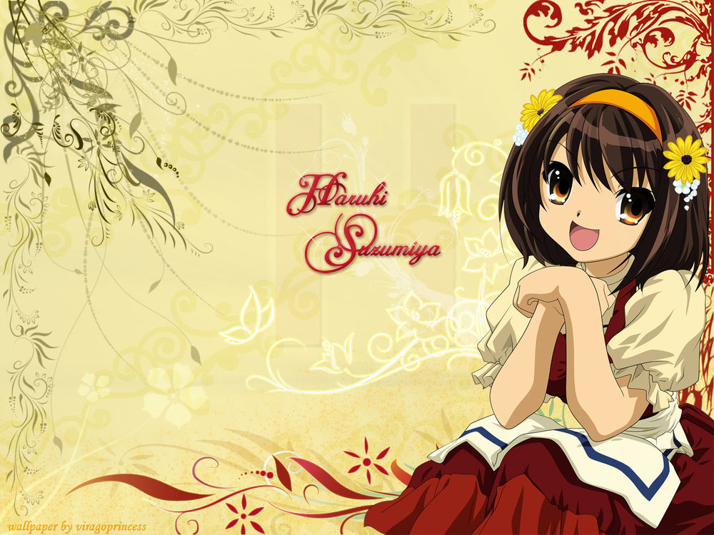Обои для рабочего стола Haruhi Suzumiya / Судзумия Харухи из аниме Меланхолия Харухи Судзумии / The Melancholy of Haruhi Suzumiya с цветами в волосах сидит на фоне цветочной абстракции (wallpaper by viragoprincess)