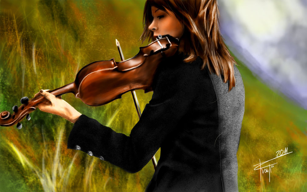 Обои для рабочего стола Рисунок Линдси Стирлинг / Lindsey Stirling, играющей на скрипке, автор оставил свою роспись и дату на рисунке (2011)