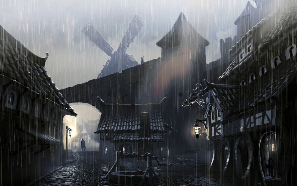 Обои для рабочего стола Игра Skyrim / Скайрим,  дождь в нарисованном мрачном городе