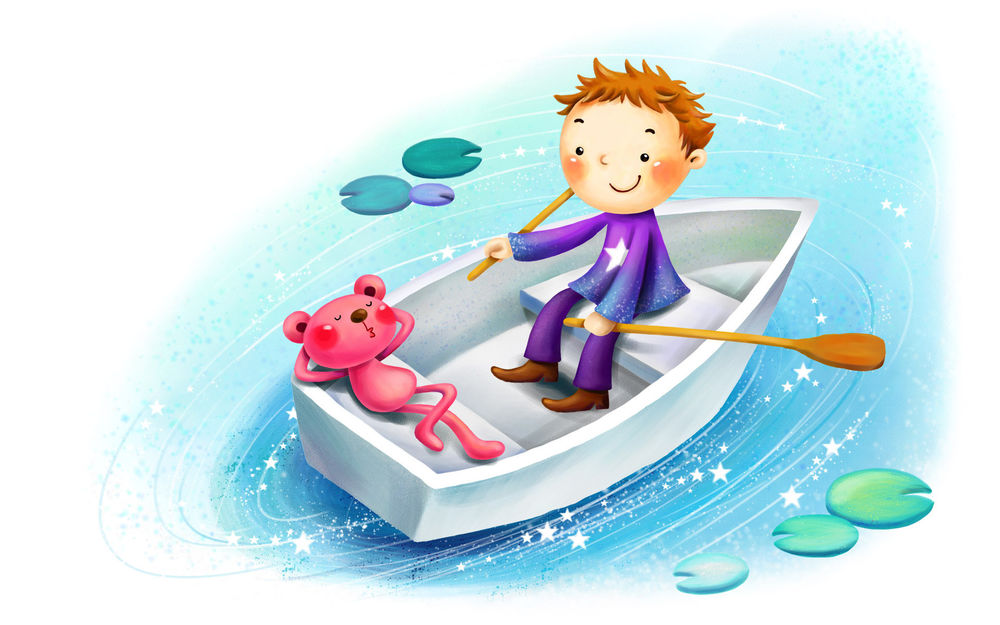 Обои для рабочего стола Мальчик плывет на лодке с розовым плюшевым медведем