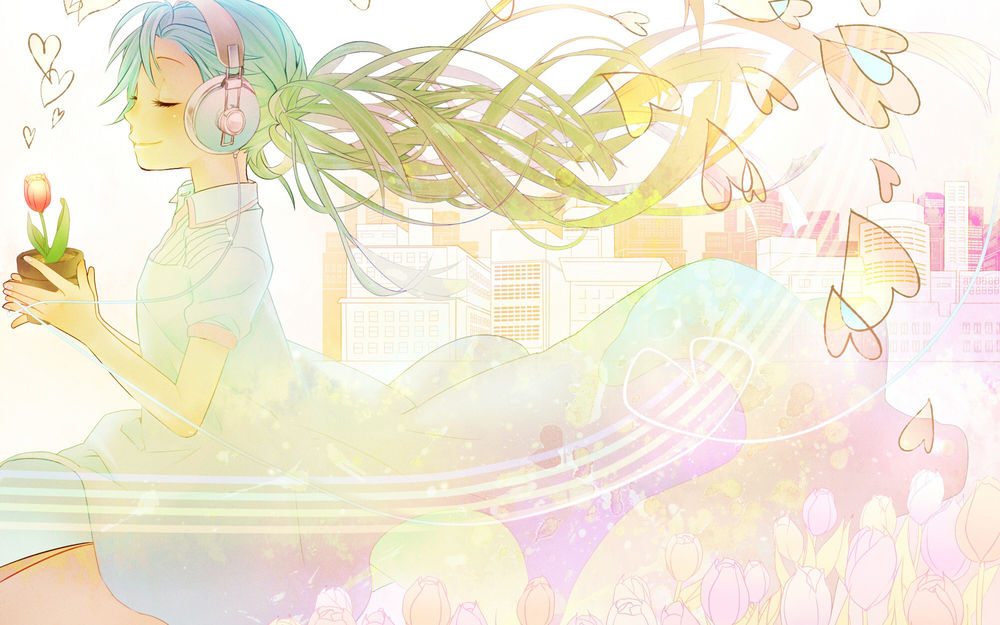 Обои для рабочего стола Vocaloid / Вокалоид hatsune miku с тюльпаном в горшочке и в наушниках