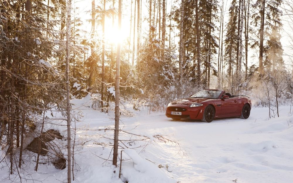 Обои для рабочего стола Jaguar / Ягуар xkr-s в снежном лесу
