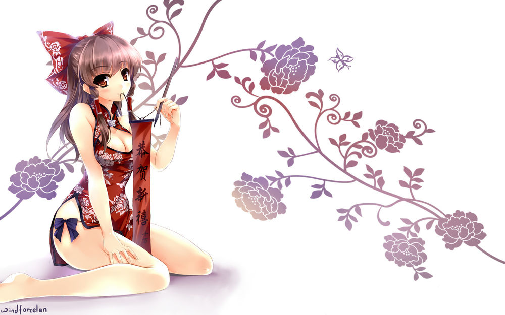 Обои для рабочего стола Reimu Hakurei / Рейму Хакурей с кистью среди цветов, Touhou Project Wiki (wind for clean)