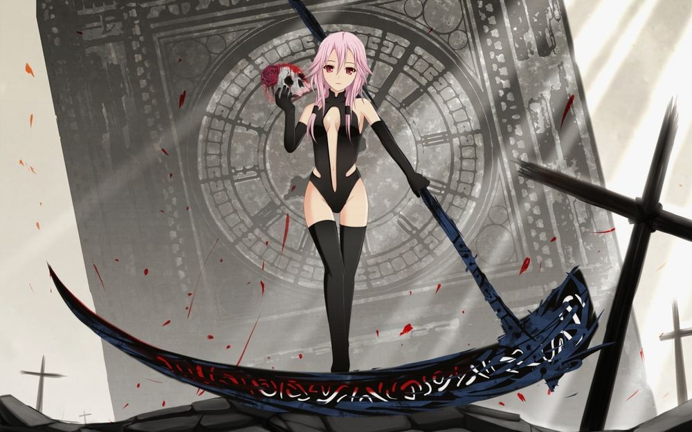 Обои для рабочего стола Инори Юдзуриха / Yuzuriha Inori из аниме *Guilty Crown / Венец Вины* идет с большой косой и кровоточящим черепом в руке на фоне Биг-Бена / Big-Ben