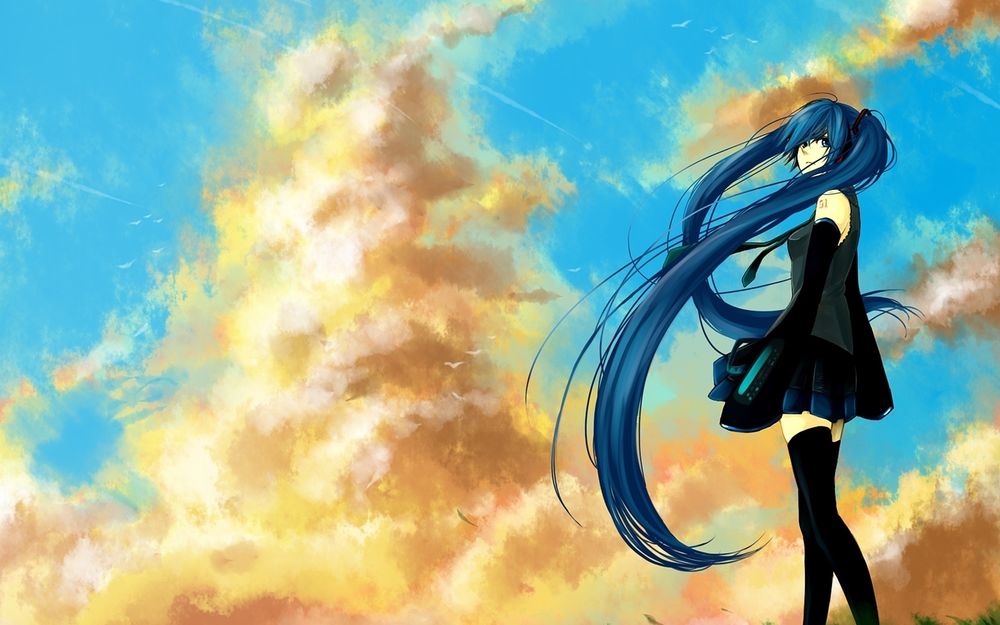 Обои для рабочего стола Вокалоид / Vocaloid Мику Хацунэ / Miku Hatsune на фоне неба