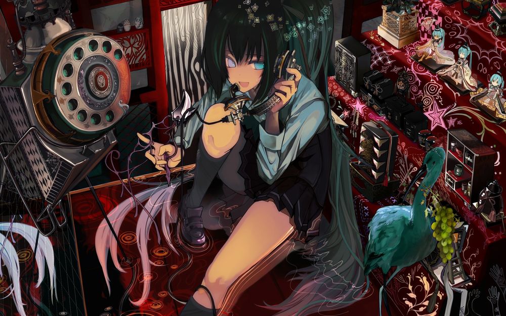 Обои для рабочего стола Вокалоид / Vocaloid Мику Хацунэ / Miku Hatsune разговаривает по телефону
