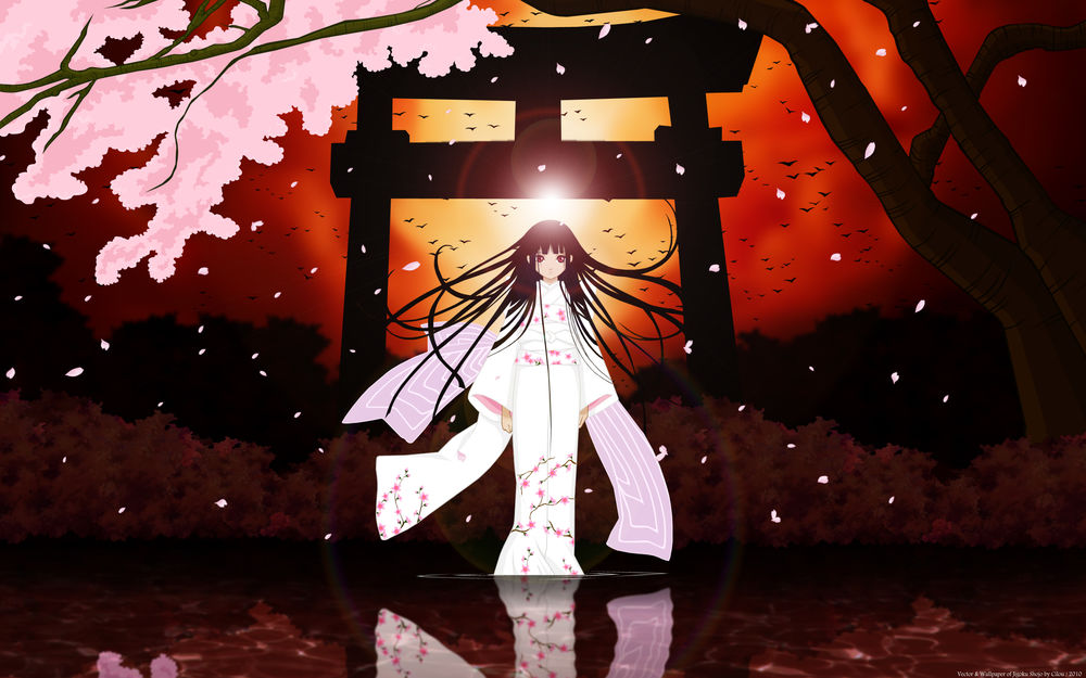 Обои для рабочего стола Enma Ai / Энма Ай из аниме Адская девочка / Hell Girl / Jigoku Shoujo в красивом белом кимоно с розовыми цветами сакуры в лучах закатного солнца стоит на воде отражаясь в ней