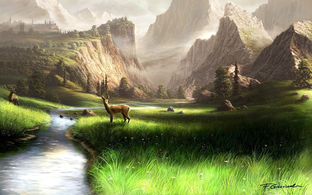 Обои для рабочего стола Картина художника - живописная горная местность, у ручья беззаботно пасутся олени