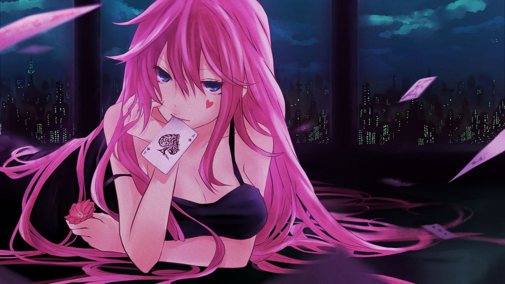 Обои для рабочего стола Вокалоид / Vocaloid Лука Мегуринэ /  Luka Megurine  с картой в зубах и цветком в руке на фоне ночного города