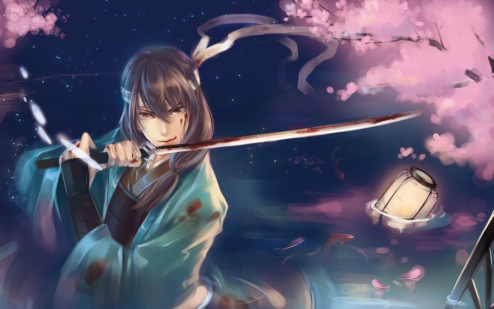 Обои для рабочего стола Котаро Кацура / Kotaro Katsura из аниме «Gintama / Серебряная душа» с катаной на фоне сакуры