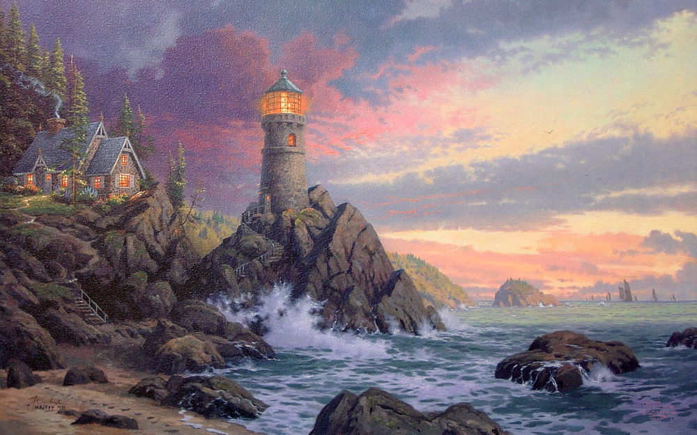Обои для рабочего стола Дом и маяк на скалах у побережья моря (Томас Кинкейд / Thomas Kinkade)