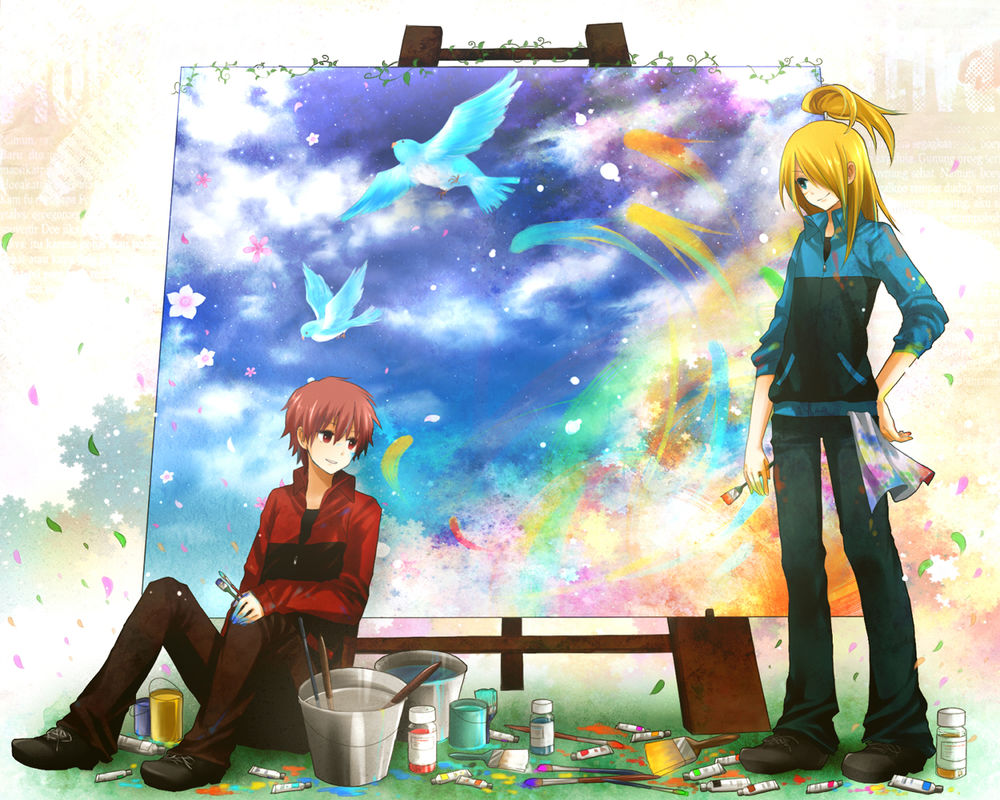 Обои для рабочего стола Сасори и Дей из аниме Наруто / Naruto рисуют прекрасную картину