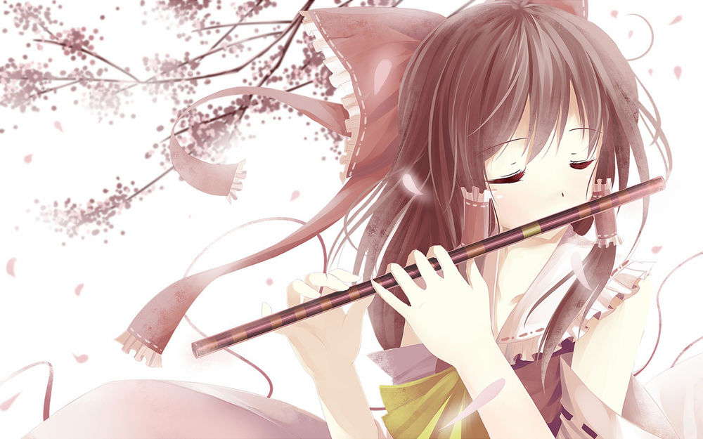 Обои для рабочего стола Hakurei Reimu / Хакурей Рейму из серии игр Тохо / Touhou Project / Проект «Восток» весной играет на флейте