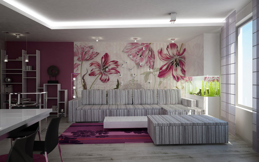 Обои для рабочего стола В 'цветочной' гостиной стоит черно-белый полосатый диван, на стене нарисованные лилии