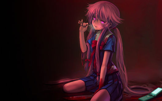 Обои на рабочий стол Gasai Yuno / Юно Гасай из аниме «Дневник Будущего / Future Diary / Mirai Nikki» с окровавленным ножом и дротиком сидит рядом с мобильным телефоном в луже крови