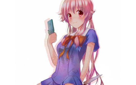 Обои на рабочий стол Gasai Yuno / Юно Гасай из аниме «Дневник Будущего / Future Diary / Mirai Nikki» с мобильником в руке и ножом за спиной