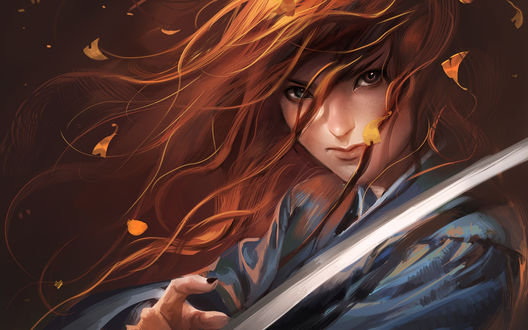 Обои на рабочий стол Девушка под падающей листвой с катаной, аниме Samurai Deeper Kyo, by sakimichan