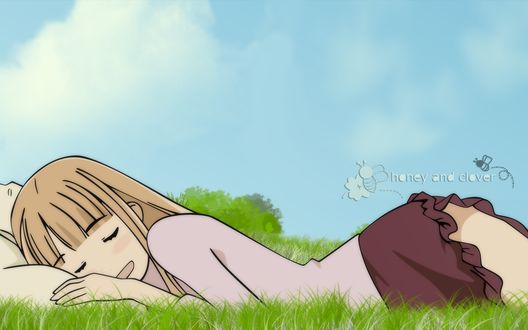 Обои на рабочий стол Аюми Ямада из аниме «Мёд и Клевер» спит на траве (Honey and Clover)
