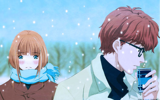Обои на рабочий стол Аюми Ямада и Такуми Маяма из аниме «Мёд и Клевер / Honey and Clover» зимой