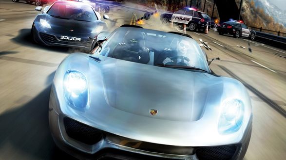 Обои на рабочий стол Кадр из игры Need for speed hot pursuit 3. Парень на шикарном авто уходит от полиции