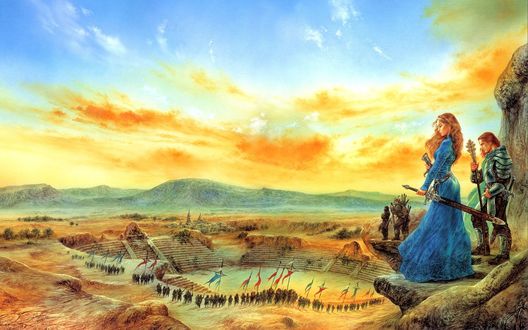 Обои на рабочий стол Luis Royo - Королева с мечом в руках и её верный помощник ведут за собой многочисленную армию